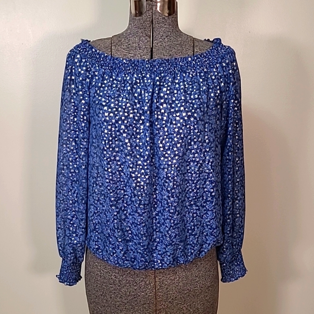 Michael Kors Blue Silver Print Off the Shoulder Blouse Ruching Size Small